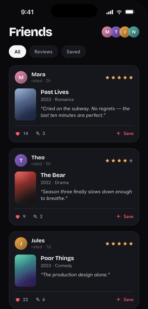 Il feed degli amici: Mara ha dato cinque stelle a Past Lives, Theo quattro a The Bear, Jules cinque a Poor Things — ognuno con una recensione di una riga, like, commenti e un pulsante Salva.